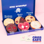 Dankeschön Cookie Box - Macadamia White Choc, Chocolate Chip, Double Choco, Himbeere, Mandelcroissant - sechs handgemachte Cookies per Lieferung