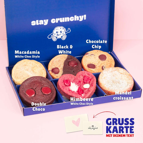 Dankeschön Cookie Box - Macadamia White Choc, Chocolate Chip, Double Choco, Himbeere, Mandelcroissant - sechs handgemachte Cookies per Lieferung