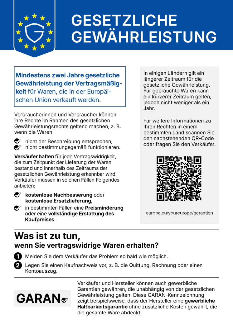 Gewährleistungslabel: Information über die gesetzlichen Rechte bei Sachmängeln