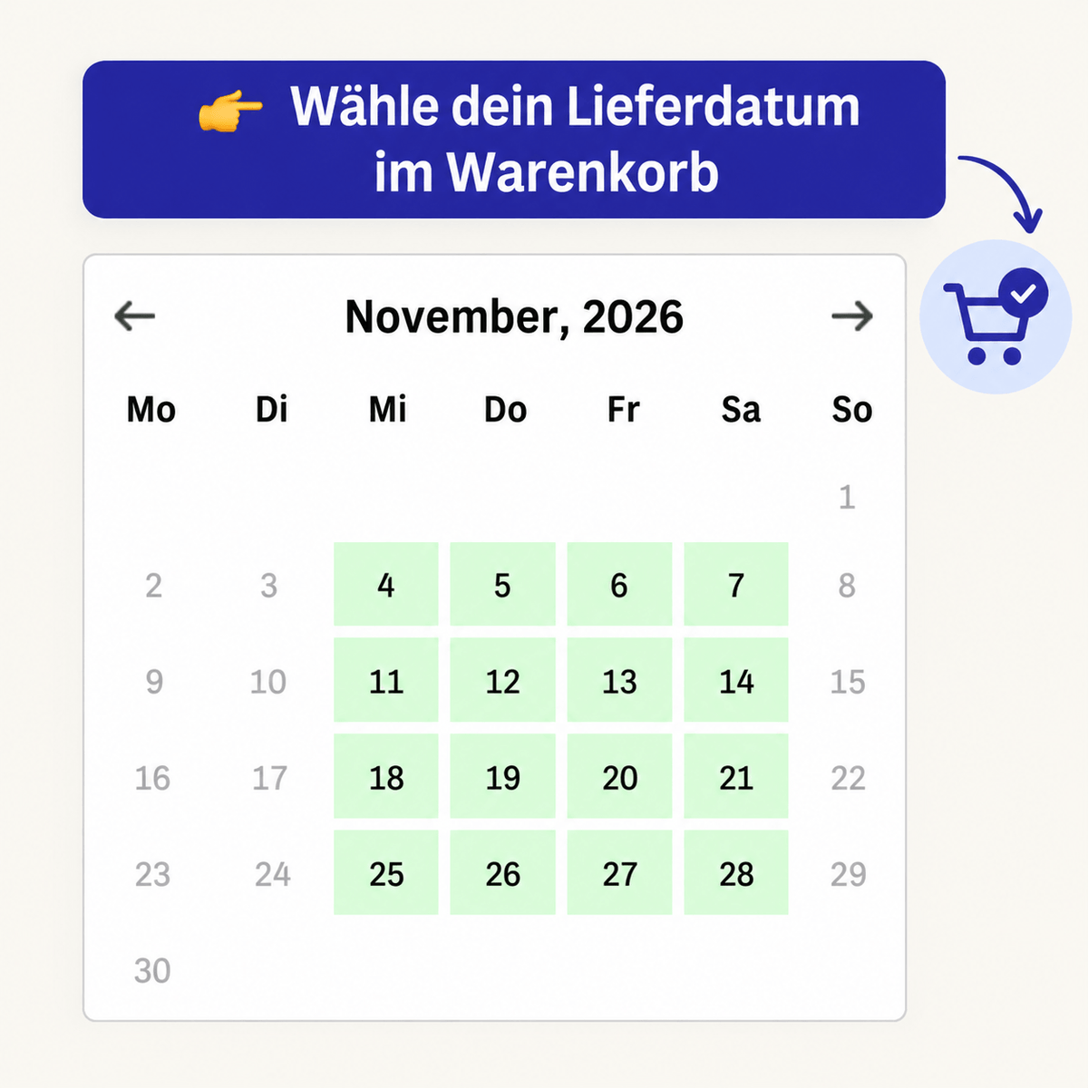 Kalenderansicht zur Auswahl des Lieferdatums im Warenkorb