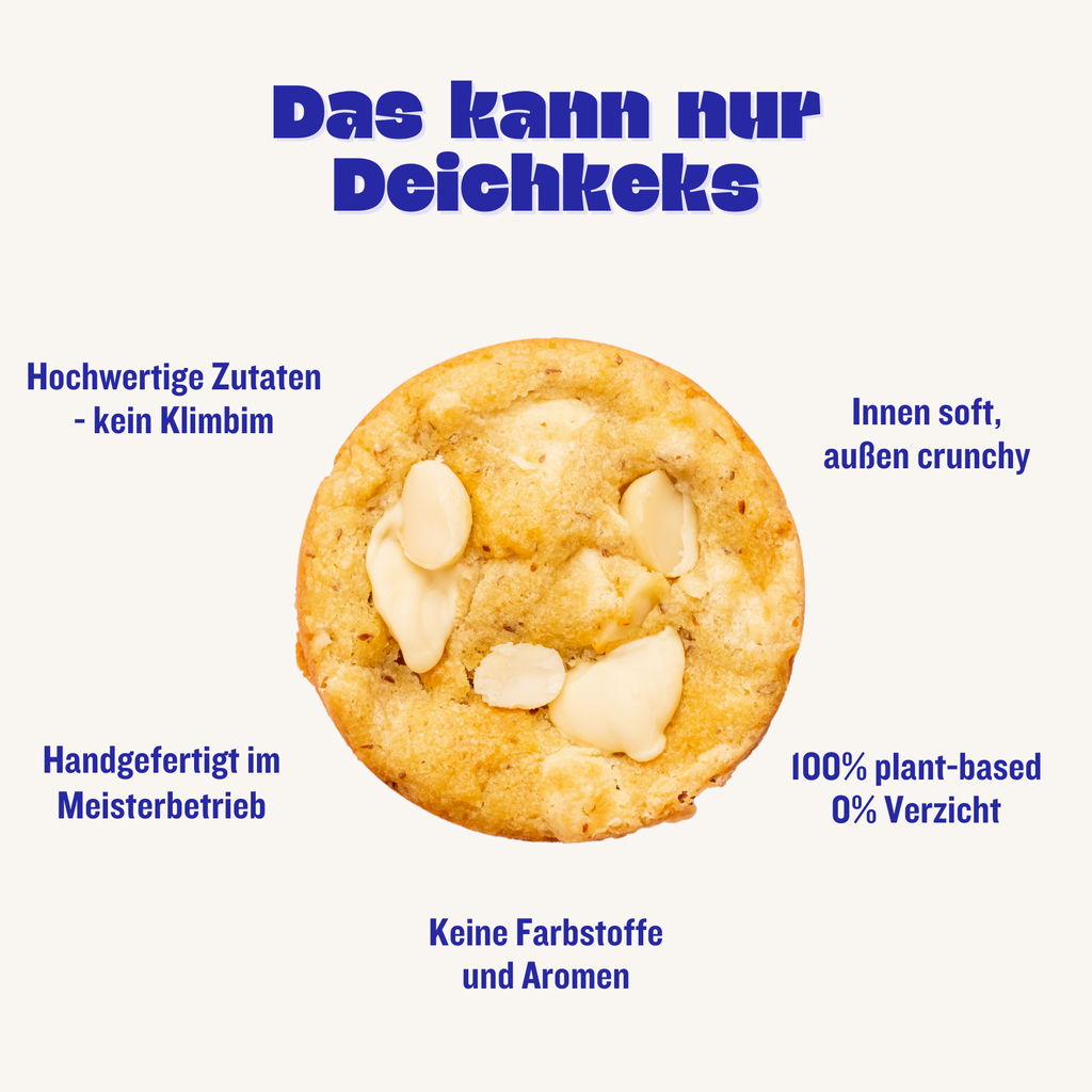 Das kann nur Deichkeks – hochwertige Zutaten, handgefertigt im Meisterbetrieb, 100% pflanzlich, ohne Farbstoffe und Aromen